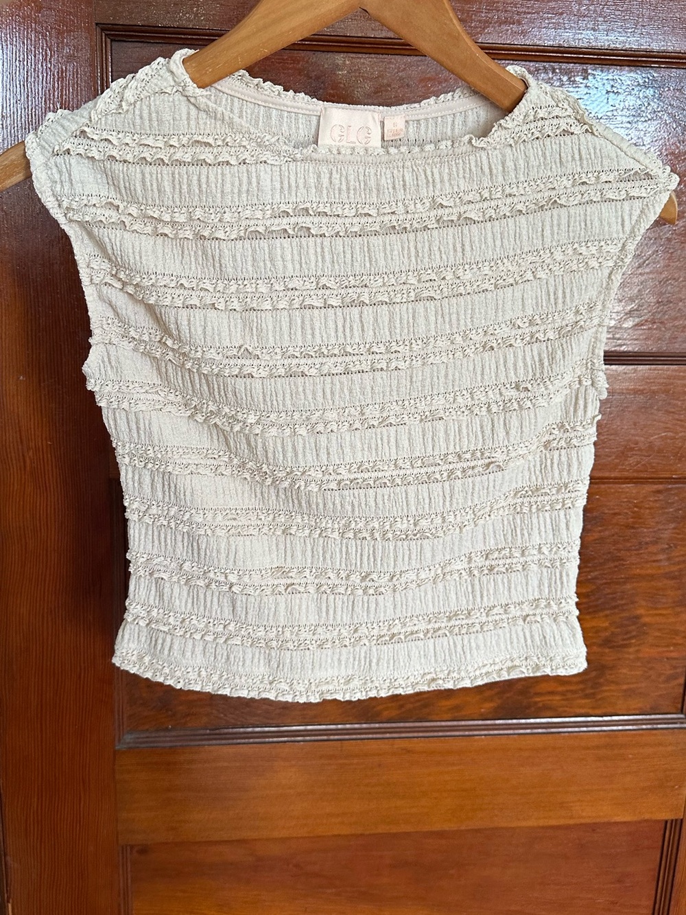 Good Luck Gem Cream Smocked Ruffle Lace Textured Crop Top Small Cottagecore
